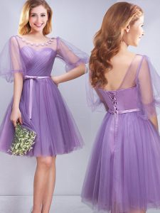 Captivating Scoop Lavender Tulle Lace Up Wedding Guest Dresses Half Sleeves Mini Length Appliques and Ruching and Belt