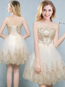 A-line Bridesmaid Gown Champagne Scoop Tulle Sleeveless Mini Length Lace Up