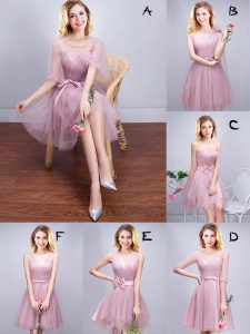 Shining A-line Bridesmaid Gown Pink Scoop Tulle Sleeveless Mini Length Lace Up