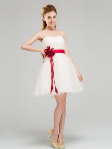 Designer Sweetheart Sleeveless Wedding Guest Dresses Mini Length Sashes ribbons and Hand Made Flower White Tulle