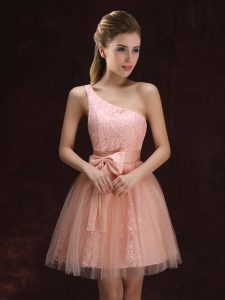 Affordable Peach Bridesmaid Gown Prom and Party and Wedding Party and For with Lace and Bowknot One Shoulder Sleeveless 