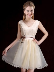 Nice Organza Sleeveless Mini Length Bridesmaids Dress and Lace and Appliques and Belt