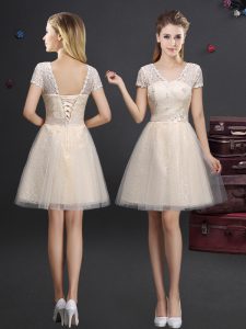 V-neck Short Sleeves Lace Up Bridesmaids Dress Champagne Tulle