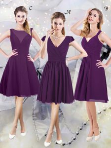 Custom Designed Purple V-neck Neckline Ruching Bridesmaid Gown Cap Sleeves Zipper