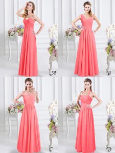 On Sale Watermelon Red Chiffon Zipper Sweetheart Sleeveless Floor Length Bridesmaid Dresses Lace and Ruching