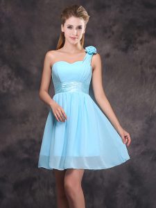 Baby Blue Bridesmaid Dresses Prom and Party and Wedding Party and For with Ruching and Hand Made Flower One Shoulder Sle