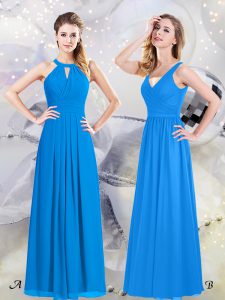New Style Halter Top Baby Blue Sleeveless Floor Length Ruching Zipper Bridesmaid Dresses