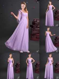 Fantastic One Shoulder Sleeveless Chiffon Floor Length Zipper Bridesmaids Dress in Lavender with Ruching and Bowknot and
