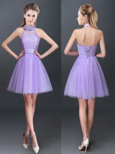 Chic Lavender Halter Top Lace Up Lace and Appliques Bridesmaids Dress Sleeveless