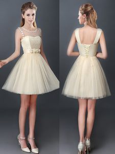 Top Selling Scoop Mini Length Lace Up Bridesmaid Dresses Champagne for Prom and Party and Wedding Party with Lace and Ha