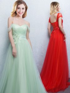 Brush Train Empire Bridesmaid Dresses Apple Green Off The Shoulder Tulle Sleeveless With Train Lace Up