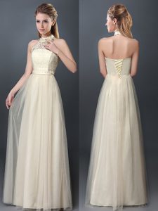 Halter Top Lace and Appliques Wedding Guest Dresses Champagne Lace Up Sleeveless Floor Length