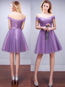 Custom Made Off the Shoulder Sleeveless Tulle Knee Length Lace Up Bridesmaid Gown in Lavender with Ruching and Belt