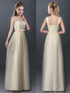 On Sale Champagne Empire Tulle Scoop Sleeveless Lace and Hand Made Flower Floor Length Lace Up Bridesmaid Dress