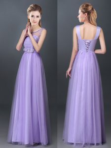 Tulle Scoop Sleeveless Lace Up Lace and Hand Made Flower Bridesmaid Dresses in Lavender