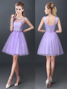 Scoop Mini Length Lace Up Wedding Party Dress Lavender for Prom and Party and Wedding Party with Lace