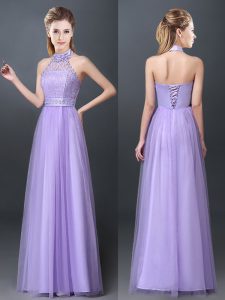 Luxury Halter Top Floor Length Lavender Bridesmaid Gown Tulle Sleeveless Lace and Appliques