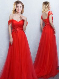 High Class Off the Shoulder Appliques and Ruching Bridesmaid Dresses Red Lace Up Sleeveless With Brush Train