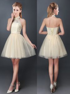 Decent Halter Top Champagne Sleeveless Tulle Lace Up Wedding Guest Dresses for Prom and Party and Wedding Party