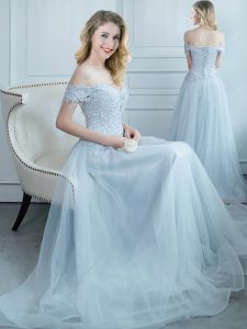 Elegant Off the Shoulder Light Blue Cap Sleeves Tulle Lace Up Wedding Guest Dresses for Prom and Party