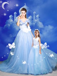 Super Off the Shoulder Light Blue Sleeveless With Train Beading and Bowknot and Hand Made Flower Zipper 15 Quinceanera D
