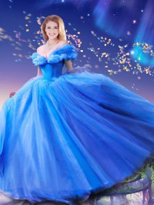 Cinderella Off the Shoulder Tulle Sleeveless Floor Length Sweet 16 Dress and Beading and Bowknot