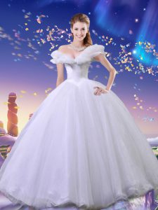 Hot Sale Cinderella Off the Shoulder White Sleeveless Beading and Bowknot Floor Length 15th Birthday Dress