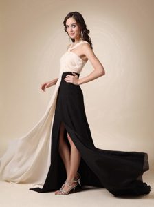 Champagne and Black Empire V-neck Chiffon Ruched Celebrity Dresses with Slit