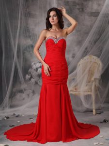 Modern Red Mermaid Sweetheart Chiffon Beaded Celebrity Dress with Court Train