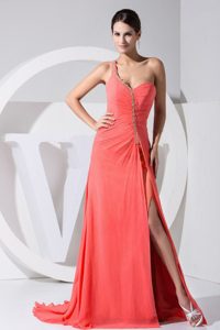 Elegant High Slit One Shoulder Beaded Celebrity Dress with on Sale