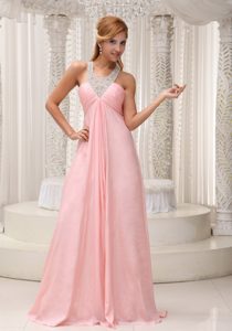 Elegant Beaded Scoop Neckline Ruched Celebrities Dresses in Baby Pink