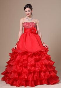 Beaded Strapless World Music Festival Celeb Couture with Ruffled Layers