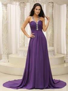 Best Seller V-neck Beaded Ruched Chiffon Celeb Dresses with Cool Back
