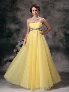 Unique Beading Empire Sweetheart Tulle Celebrity Dresses in Light Yellow