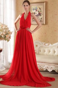 Amazing Red Sheath Halter Chiffon Celeb Dress for Less with Court Train