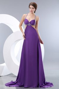 Purple Celebrity Red Carpet Dress in Elastic Woven Satin with Cool Back