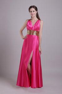 Svelte Hot Pink Empire V-neck Taffeta Sash Celebrity Red Carpet Dresses