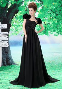Black Up-to-date Festival Celeb Dress with Hand Made Flower and Ruche