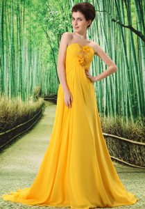 Upscale Gold Strapless Celeb Dress with Hand Made Flowers and Ruching