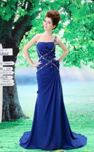 One Shoulder Tony Ruche Red Carpet Dress in Peacock Blue with Beading