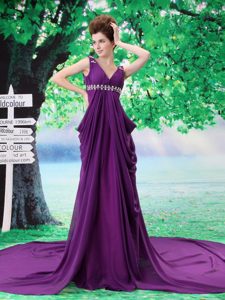Sophisticated V-neck Beading Chiffon Purple Celebrity Red Carpet Dresses