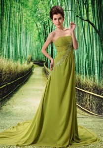 Vintage-inspired Olive Green Beaded Celebrity Dresses with Chapel Train