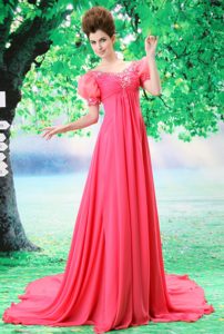 Shimmery Bubble Sleeve Coral Red Beads V-neck Chiffon Celebrity Dress