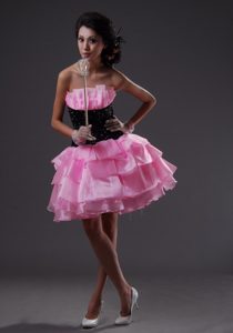Mini-length Strapless Celebrity Dresses with Ruffled Layers Pink and Black