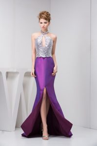 2015 Best Silver and Eggplant Purple High Slit Celebrity Dress with Cutout