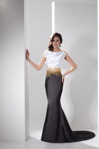 Floating Cap Sleeves Celeb Dresses with Gold Beading in White and Black