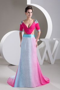 Multi-Colored V-neck Dressy Chiffon Celebrity Dresses with Cutout Waist