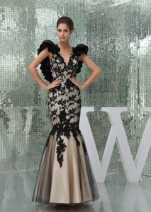 Noble Black and Champagne Zipper-up Celebrity Dresses with Appliques