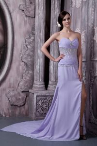 Classical Ruched and Beaded High Slit Chiffon Lilac Celebrity Dress for Prom