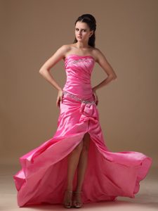 Exquisite Hot Pink High Slit Taffeta Betty Celebrities Dress with Brush Train